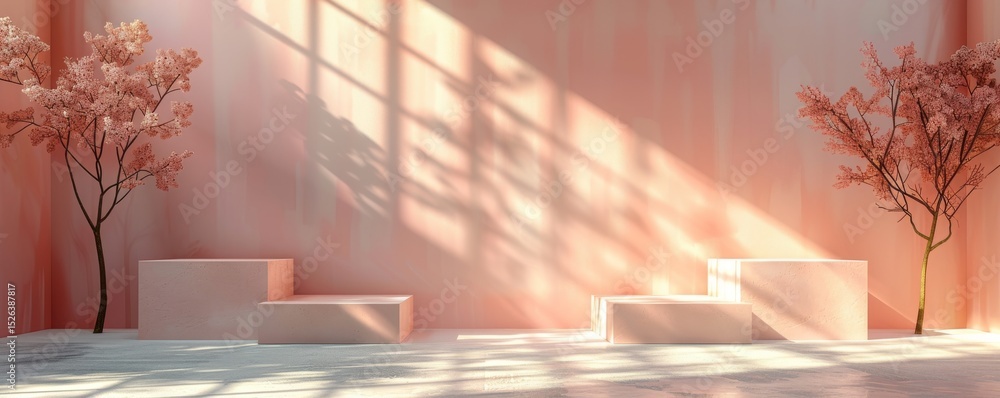 Poster abstract geometric shapes in soft peach setting with sunlight and shadows