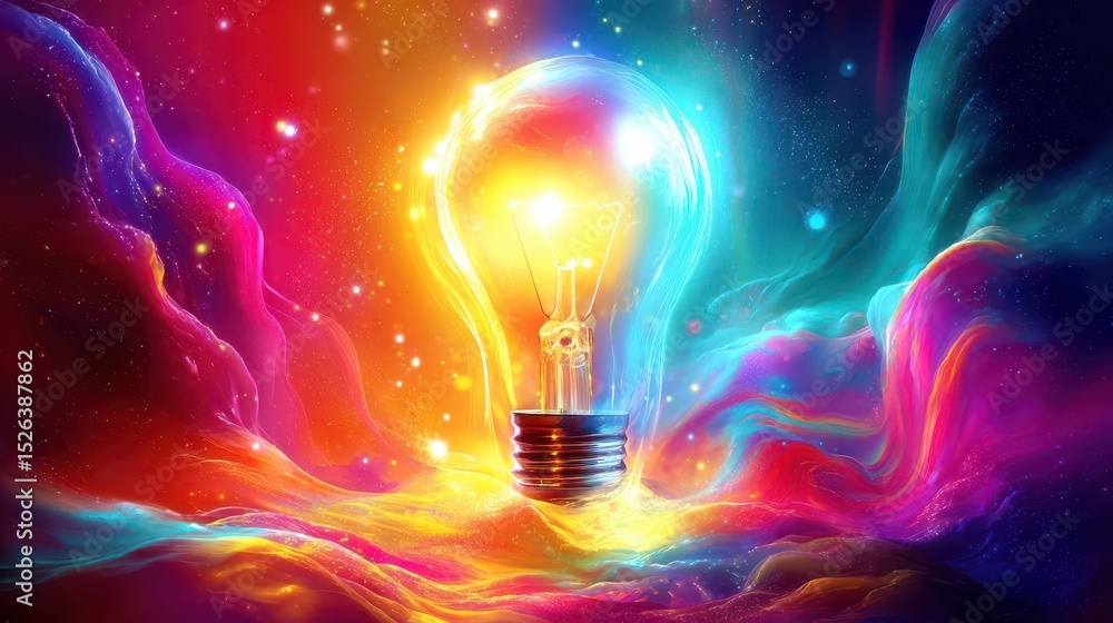 Aufkleber glowing light bulb surrounded by colorful abstract swirls and cosmic elements in vibrant spectral pa