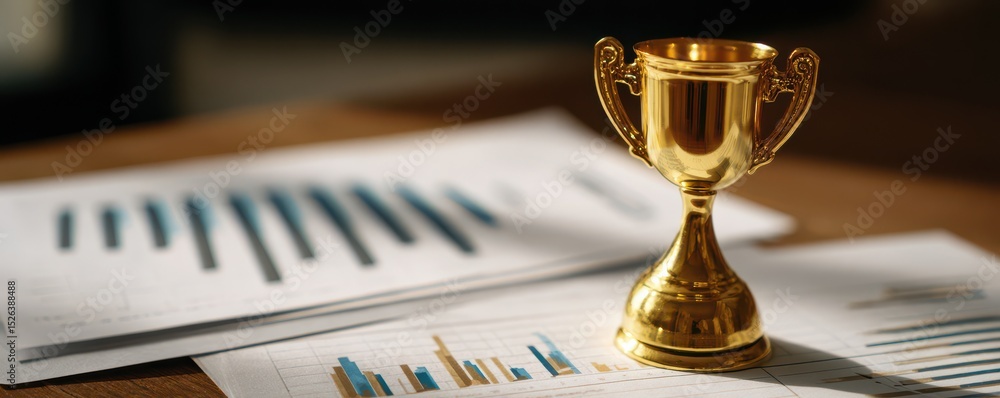 Poster golden trophy on workspace with business charts and graphs illustrating success and achievement metr
