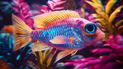 A captivating fish swimming inside a clear tank surrounded by decorative plants and stones