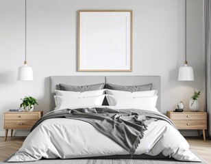Serene bedroom interior with a blank frame above the bed and neutral color palette