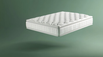 Luxurious white mattress floating in air on green background. Perfect for comfort and relaxation concepts.