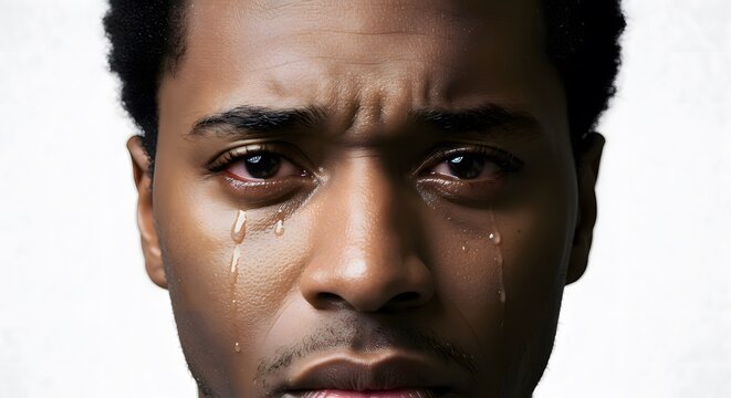 African man crying with visible tears and emotional expression against white background