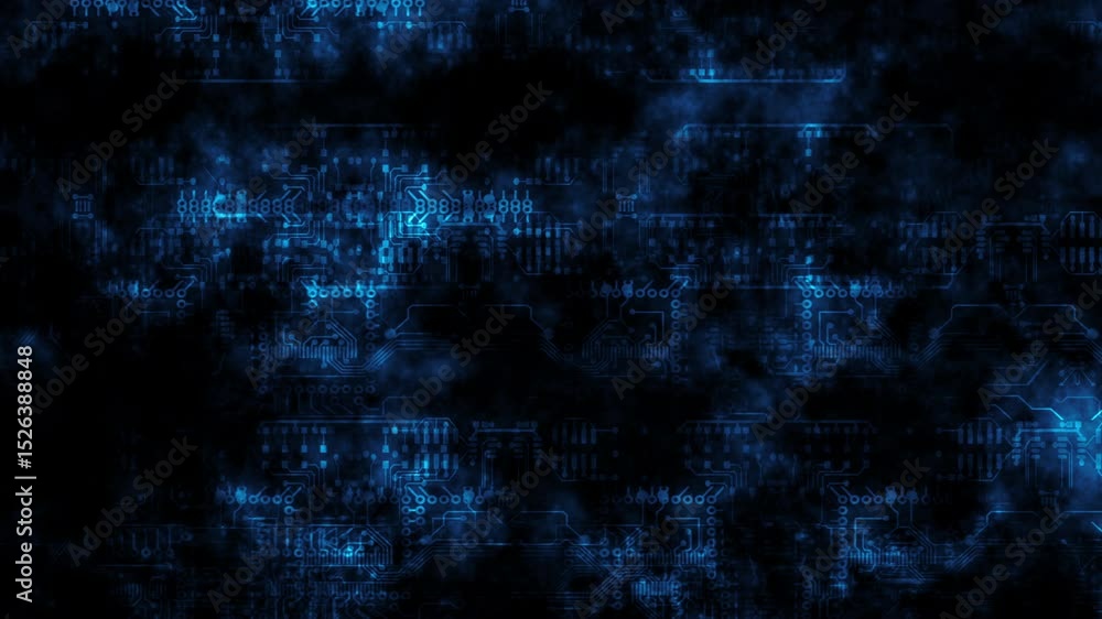 Poster abstract 3d loop blue cloud digital circuit flow on black background concept. 4k seamless loop beaut