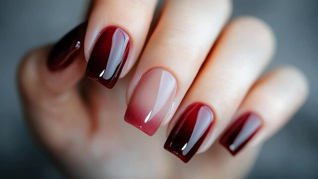 Square nail art design with red gradient on human hand macro