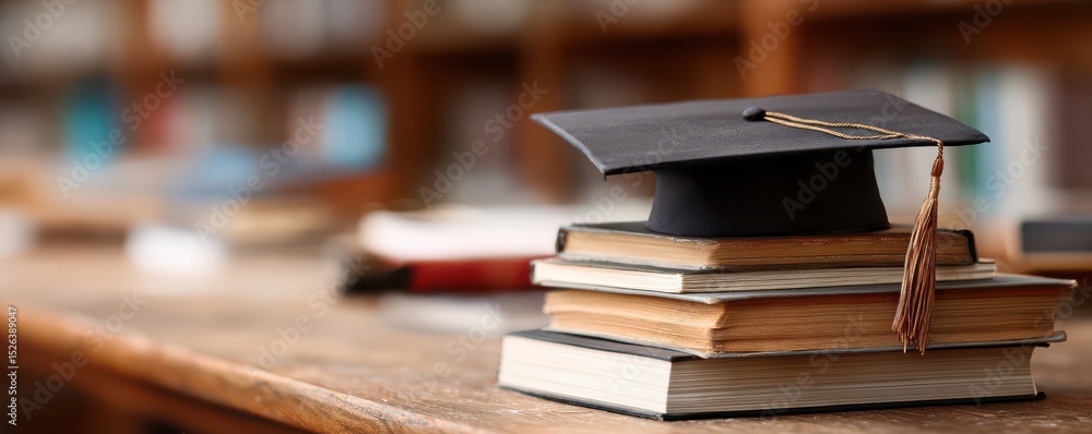 Poster graduation cap on stack of books in library with bookshelves in background and soft focus
