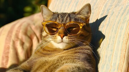 A cool cat sporting trendy sunglasses and posing confidently in a bright and fun environment