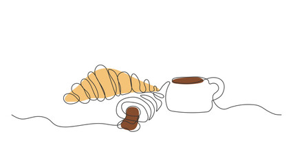 a whole croissant and a half croissant with chocolate cream and a cup of coffee or tea drawn with one solid line in black on a white background
