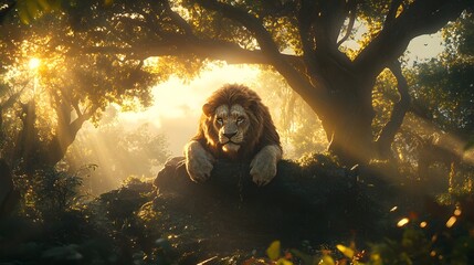 Regal lion relaxing in the warm sunlight on the african savanna with a background of grasslands