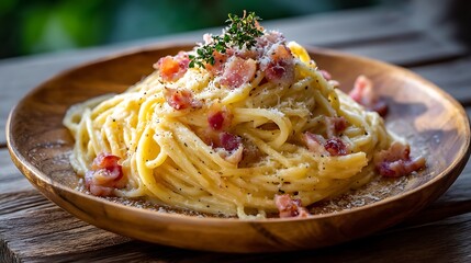 Fototapeta premium Spaghetti Carbonara served in a wooden bowl, garnished with herbs and black pepper