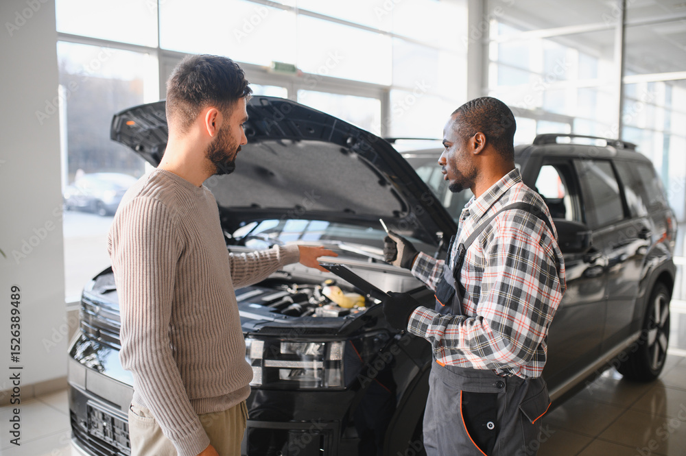 Poster Man on the result of the work of a mechanic. The client evaluates the repair of the car by a mechanic