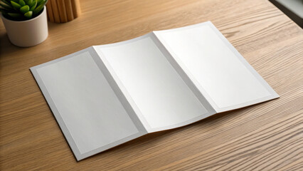 Brochure mockup on wooden table with empty pages for design  