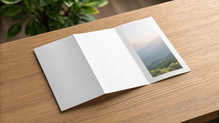 Brochure layout on wooden table with landscape photo inside  