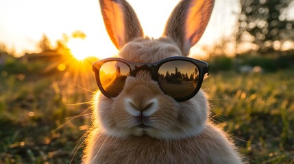 A trendy rabbit wearing sunglasses posing playfully for the camera in a beautiful natural setting