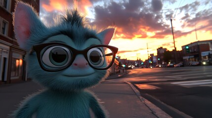 A charming cat wearing glasses with a quirky personality against a bright and cheerful background