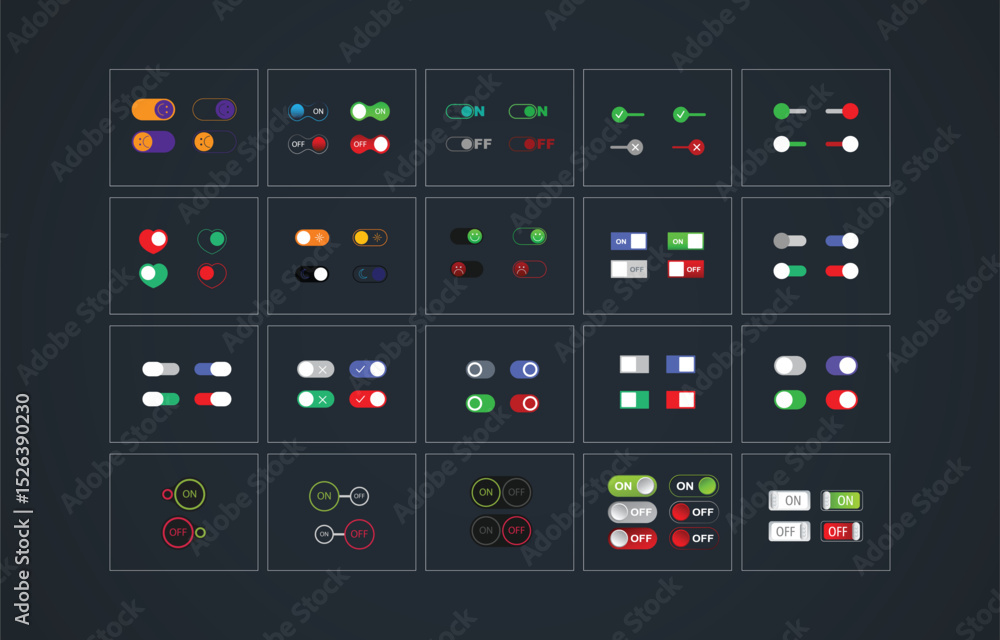 Poster on and off toggle switches, elements of user interface vector. set of slider and button illustration
