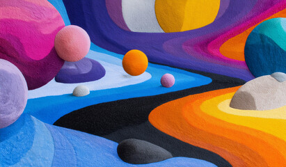 Vibrant planets in geometric space with color gradient gravity-pooling effect – abstract universe with immersive depth in yarn embroidery style