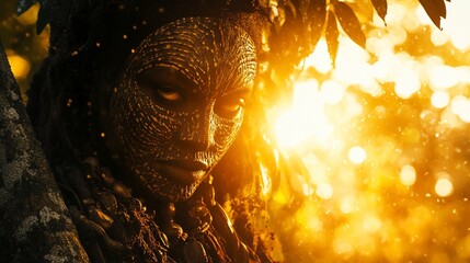 Gold-lit, forest deity with textured face merges with the light and foliage
