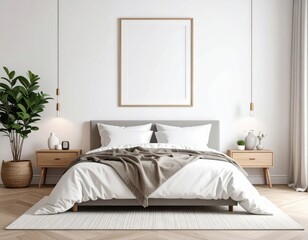 Serene bedroom interior with minimalist decor natural light and a blank picture frame