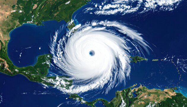Satellite view of hurricane in Atlantic Ocean shows extreme weather, climate crisis, and the power of nature affecting global environmental stability