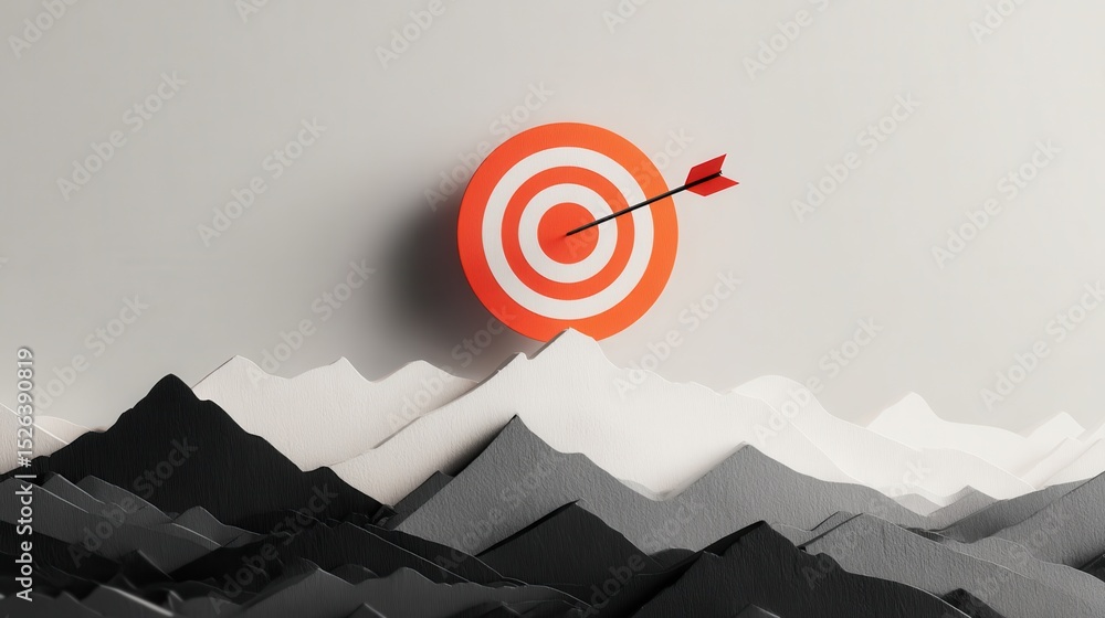 Poster abstract paper art of a dartboard with an arrow hitting the target in a mountain landscape scene
