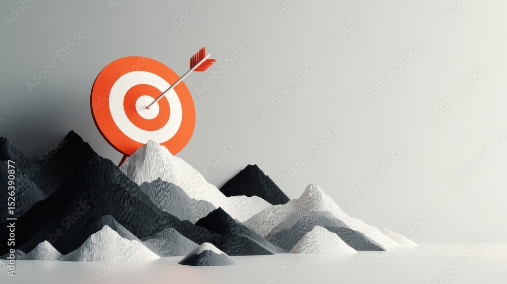Poster creative concept of target and arrow on abstract landscape with mountains in simple color palette