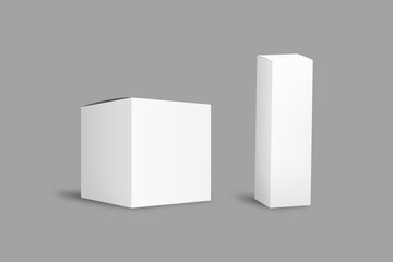 Blank white cube and rectangular prism packaging box mockup isolated over grey background. 3d rendering.