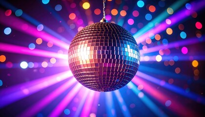 Obraz premium Colorful disco ball with vivid lights and bokeh effects capturing the essence of nightlife, celebration, retro parties and dance floor energy