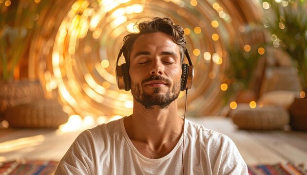 Man enjoying immersive music experience with headphones in ambient light environment symbolizing relaxation, introspection, and digital harmony