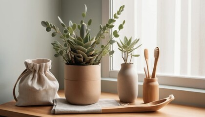 Tranquil Home Still Life Succulents Linen Bamboo Toothbrushes Natural Decor