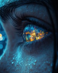 Close-up of eye, city reflected