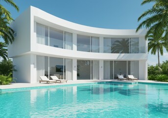 Modern white villa with swimming pool and palm trees on a sunny day