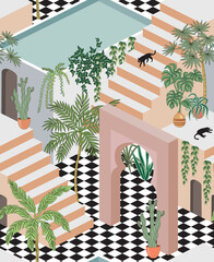 Black cat on the stairs, tropical palms, banana tree, cactus, plant isometry seamless pattern. Jungle house, arch summer graphic wallpaper.	