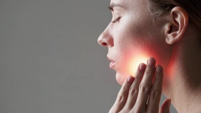 Young woman experiencing intense tooth pain, gripping cheek with visible discomfort from potential dental health problem requiring urgent medical evaluation
