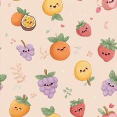 Fototapeta premium Colorful and cheerful fruit pattern featuring smiling characters on a light background