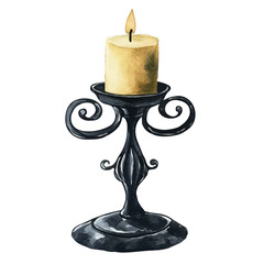Black Iron Candle Holder With Curved Arms, watercolor painting vector, high quality, isolated on a white background.