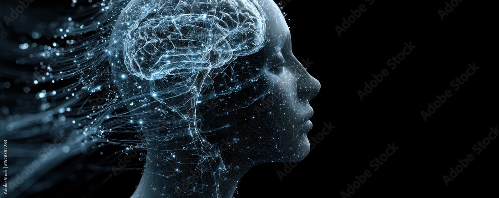Aufkleber abstract representation of a human head with digital brain and glowing neural connections illustrati