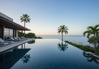 Fototapeta premium Infinity pool reflects palm trees at oceanfront villa during sunset