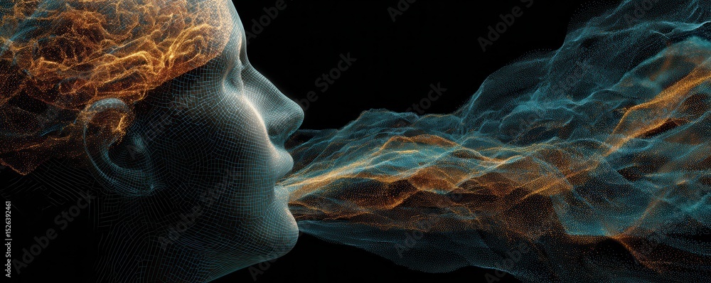 Poster abstract representation of human profile with flowing colorful waves symbolizing thoughts and creati
