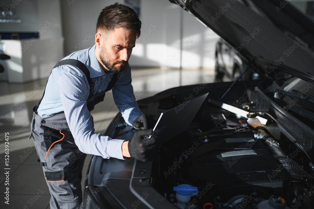 Poster troubleshooting process. auto mechanic working in garage. repair service