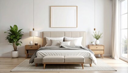 Serene bedroom interior with neutral tones natural light and minimalist decor