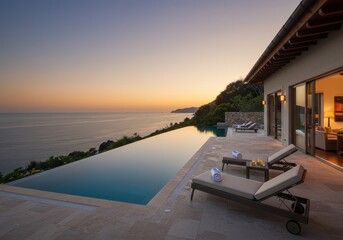 Fototapeta premium Infinity pool and lounge chairs overlooking ocean at sunset, luxury villa exterior