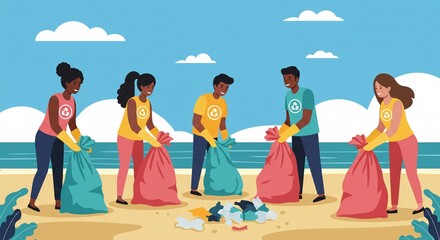 A group of good people are cleaning up plastic waste on the beach 