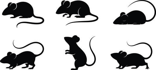 Vector silhouette illustration of six different cute mice in various poses, perfect for animal design, cartoon art, or educational use