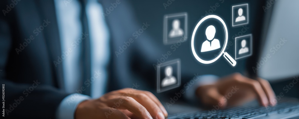 Poster businessman searching for candidates in a digital workspace with icons representing profiles and con