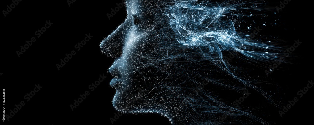Poster abstract representation of human profile blending with digital particles and light trails in dark ba
