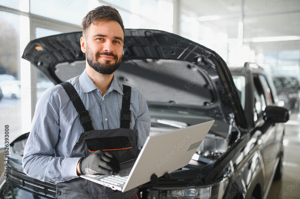 Poster Automotive mechanic running diagnostics software on computer. Mechanic doing vehicle diagnostic test in auto service garage