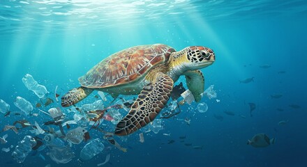 Fototapeta premium green turtle and pile of garbage 