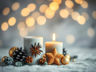 Christmas burning candle, blurred bokeh background, New Year, white candles glow brightly against a backdrop of soft, gray bokeh lights, surrounded by pine branches and twinkling star ornaments..