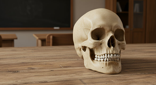 Human skull model on wooden table in classroom background. Anatomy education and scientific research concept for medical student. - Powered by Adobe